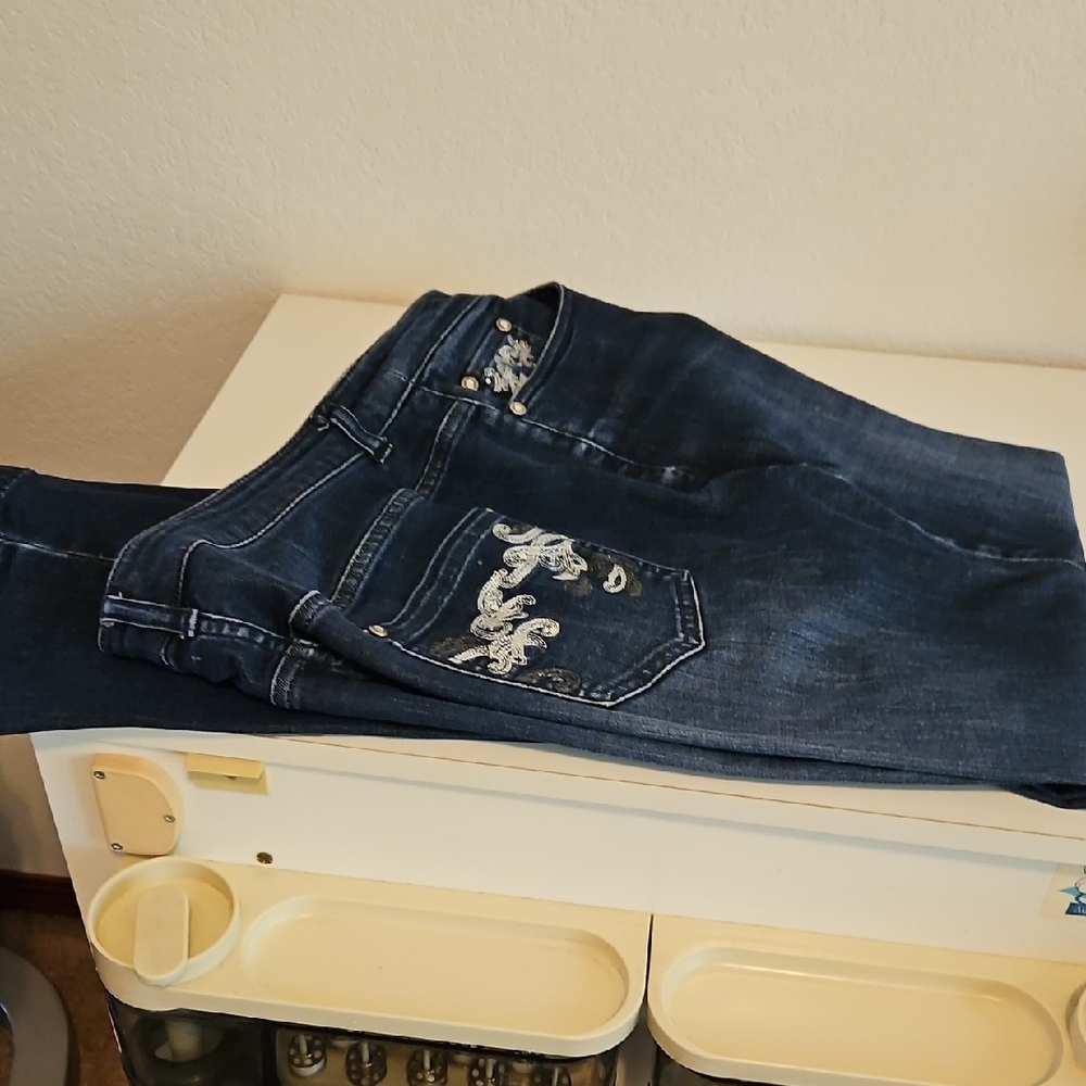Christopher & Banks Blue Boot Cut Jeans with White Embroidery Bling